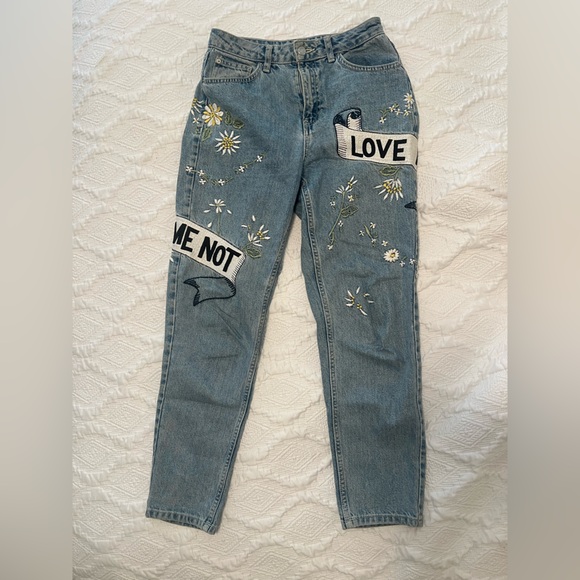 Topshop Blue Mom Jeans with Floral and Text Embroidery - Picture 1 of 5